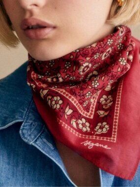 Sézane Gaston Scarf Terracotta Floral 100% Organic Cotton Square Foulard